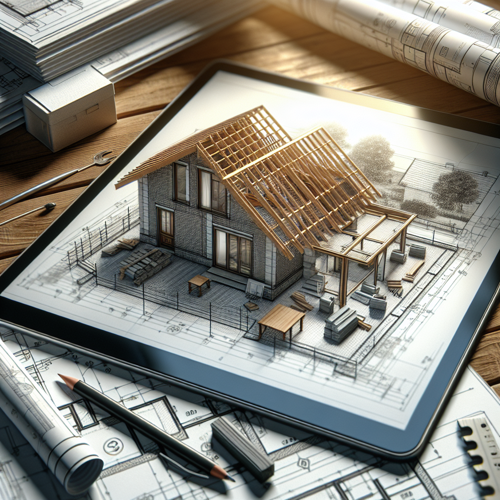 A tablet displaying a 3D architectural rendering of a house under construction sits on a wooden table, surrounded by blueprints, a pencil, and an eraser—perfect for generating social media content ideas for roofers.